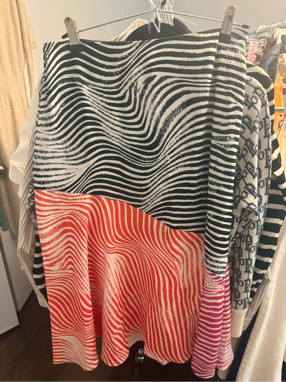 Ted Baker London Black and Coral Wave-Print Midi Skirt